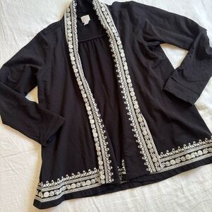 Lucky Brand 100% Cotton Boho Embroidered Open Front Cardigan Black Large